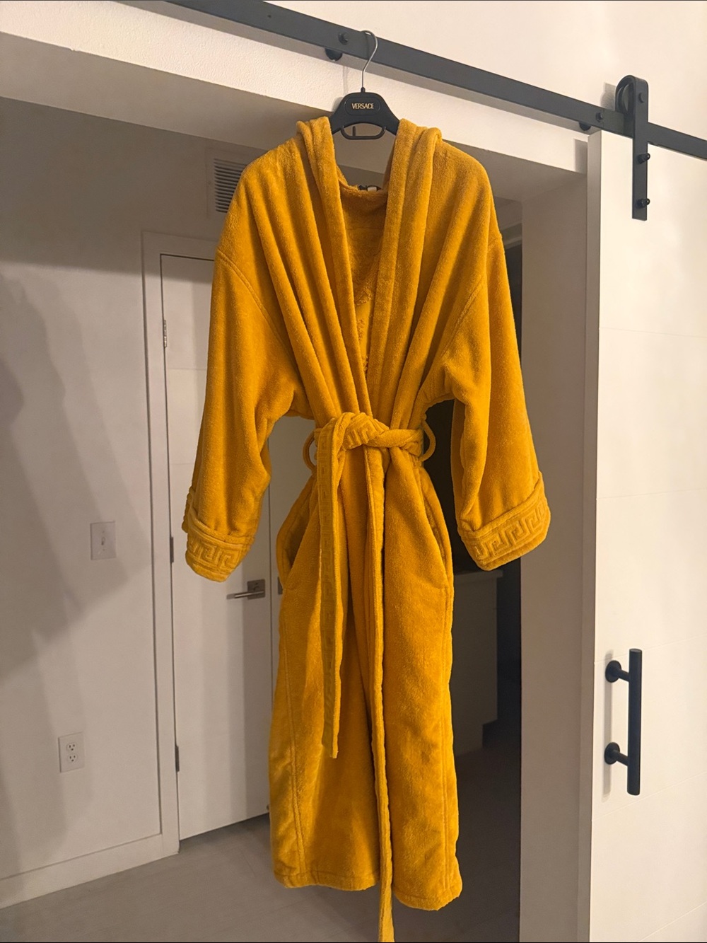 Versace Mustard Yellow Hooded Longline Robe Coat S/M